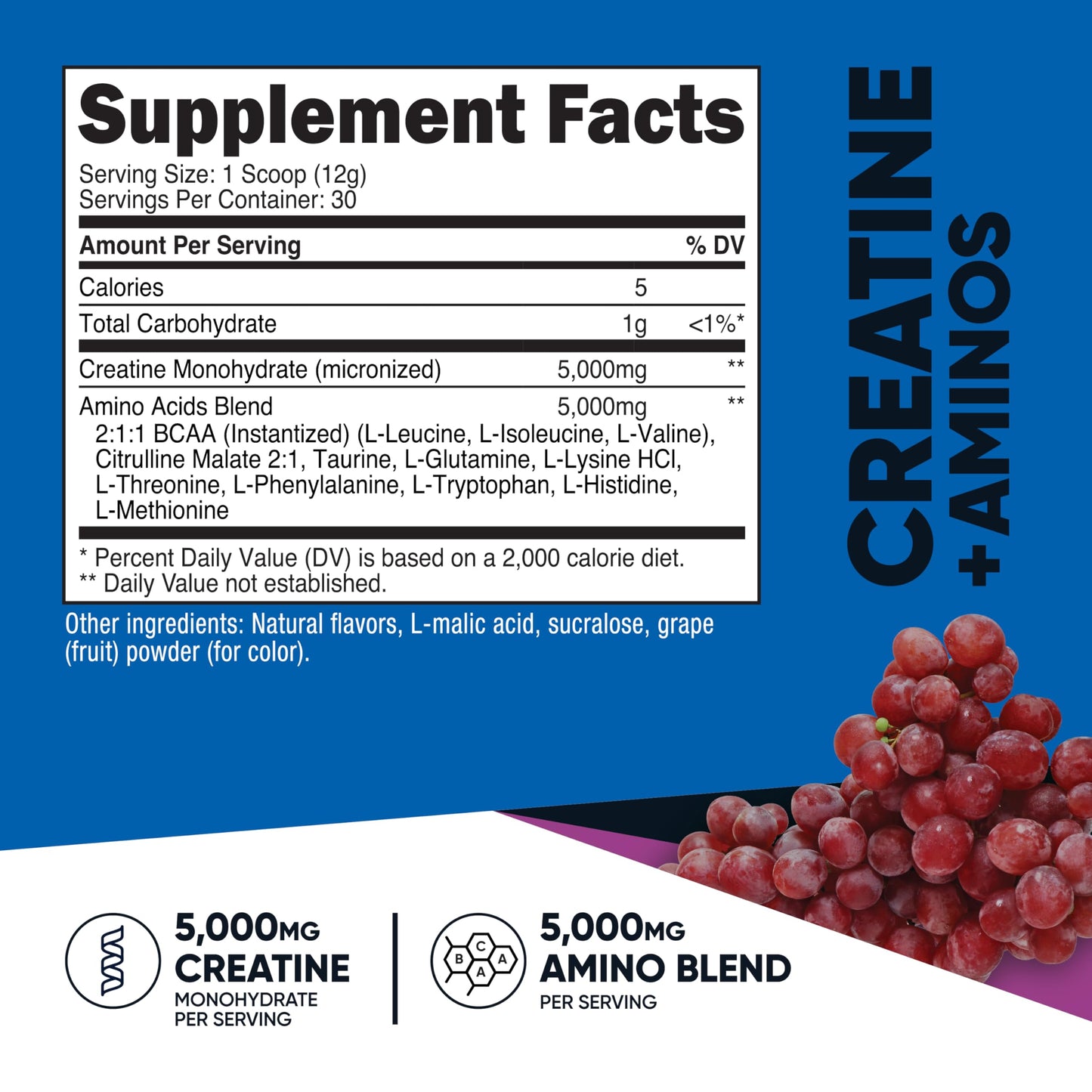 Nutricost Creatine + Aminos 30 Servings (Grape) – 5,000mg Creatine Monohydrate + 5,000mg Amino BCAA per Serving