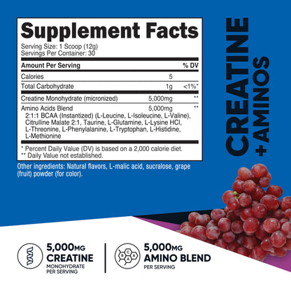 Nutricost Creatine + Aminos 30 Servings (Grape) – 5,000mg Creatine Monohydrate + 5,000mg Amino BCAA per Serving