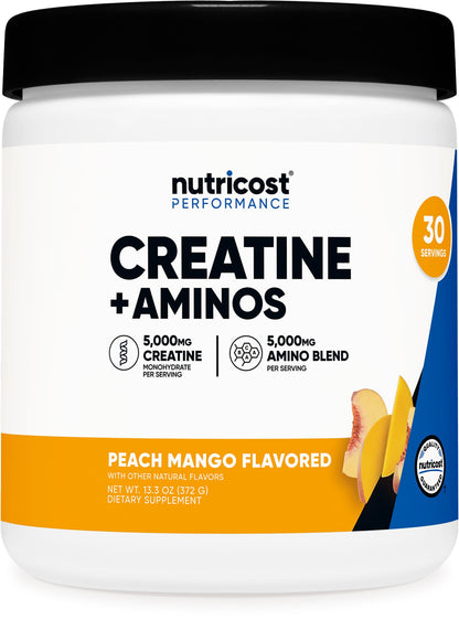 Nutricost Creatine + Aminos 30 Servings Peach Mango – 5,000mg Creatine Monohydrate + 5,000mg BCAA per Serving