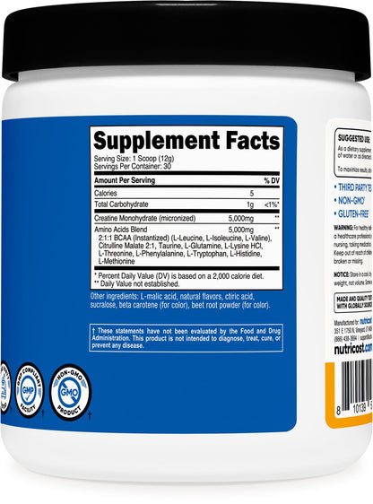 Nutricost Creatine + Aminos 30 Servings Peach Mango – 5,000mg Creatine Monohydrate + 5,000mg BCAA per Serving