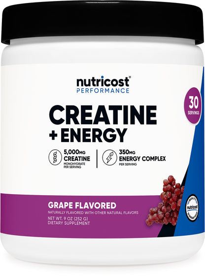 Nutricost Creatine + Energy (Grape) – 30 Servings, 5,000mg Creatine Monohydrate