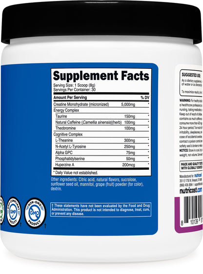 Nutricost Creatine + Energy (Grape) – 30 Servings, 5,000mg Creatine Monohydrate