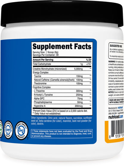 Nutricost Creatine + Energy Peach Mango – 30 Servings (5,000mg Creatine Monohydrate + 350mg Energy)