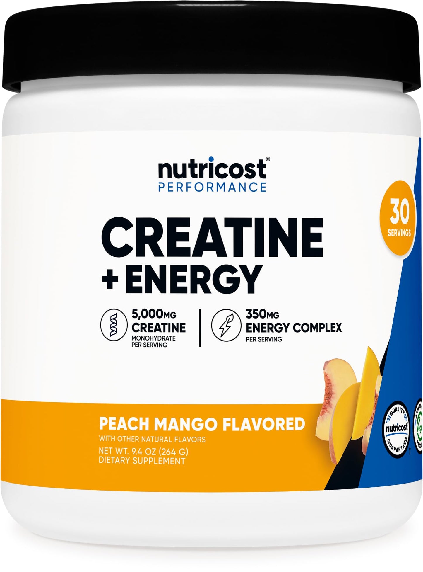 Nutricost Creatine + Energy Peach Mango – 30 Servings (5,000mg Creatine Monohydrate + 350mg Energy)