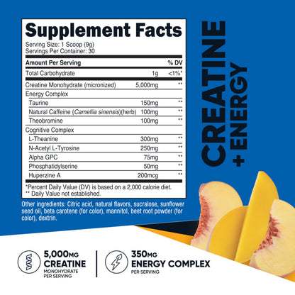 Nutricost Creatine + Energy Peach Mango – 30 Servings (5,000mg Creatine Monohydrate + 350mg Energy)
