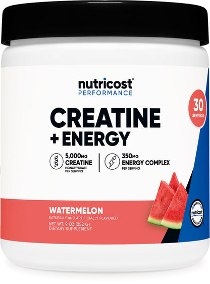 Nutricost Creatine + Energy 30 Servings – Watermelon | 5,000mg Creatine Monohydrate + 350mg Energy