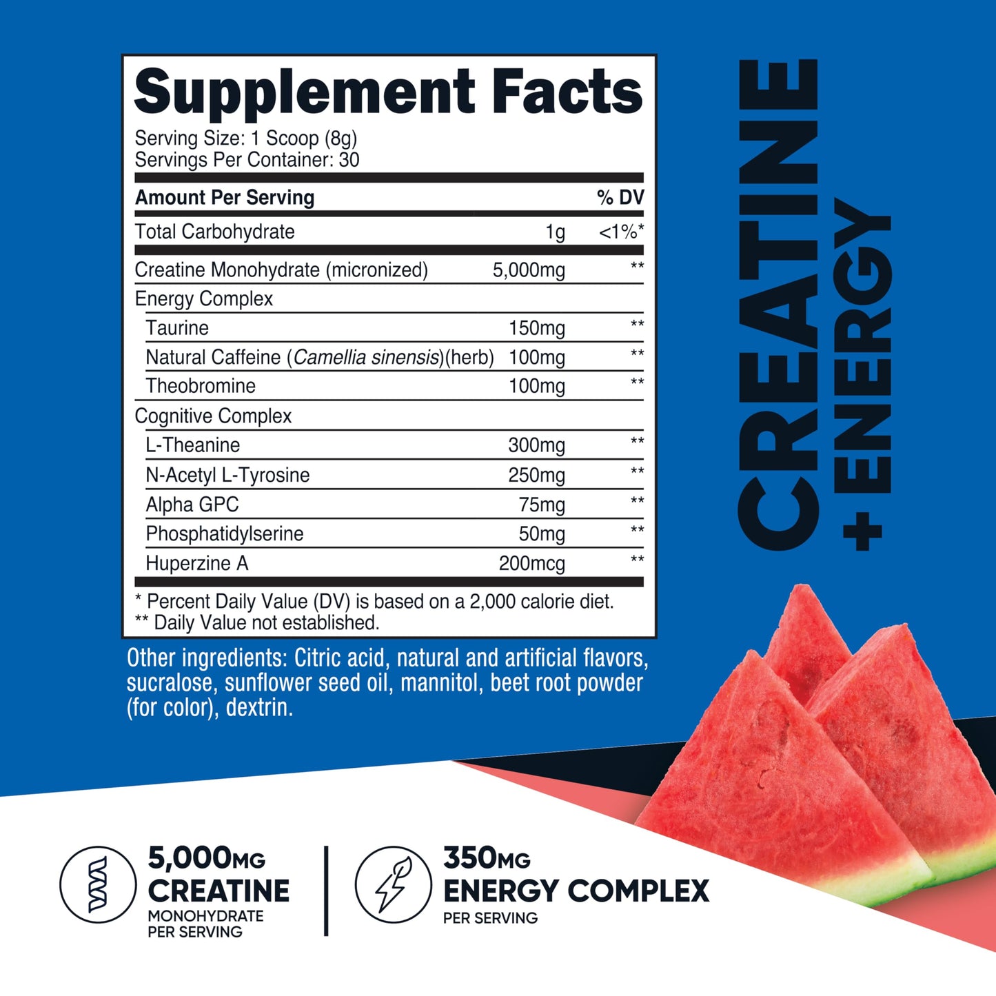Nutricost Creatine + Energy 30 Servings – Watermelon | 5,000mg Creatine Monohydrate + 350mg Energy