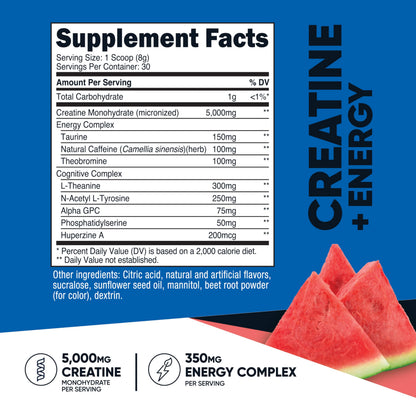 Nutricost Creatine + Energy 30 Servings – Watermelon | 5,000mg Creatine Monohydrate + 350mg Energy