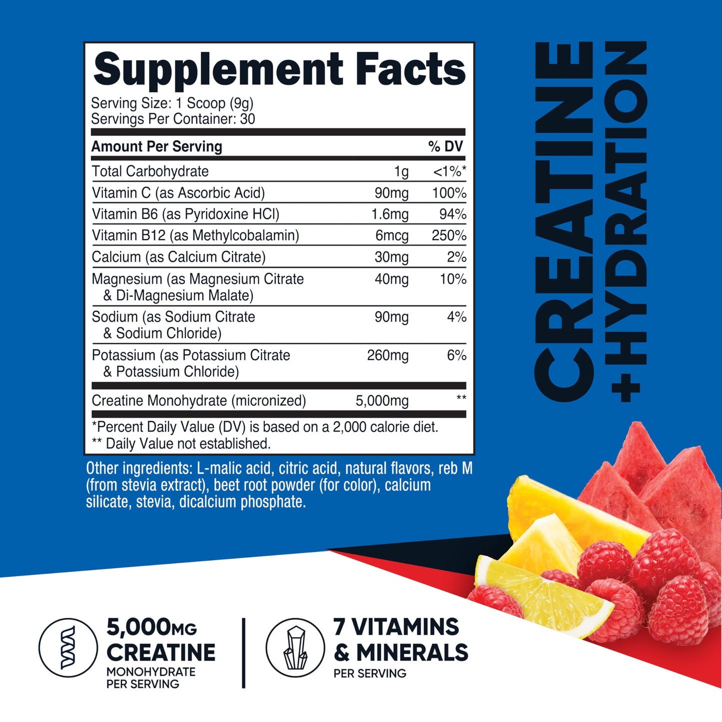Nutricost Creatine Monohydrate + Hydration Fruit Punch (30 Servings) – 5,000mg Creatine Per Serving, 7 Vitamins & Minerals