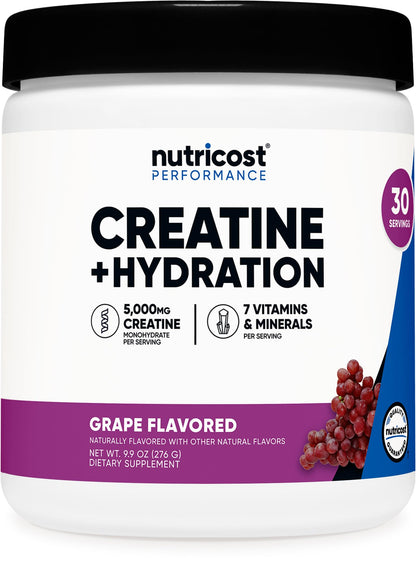 Nutricost Creatine Monohydrate + Hydration Grape (30 Servings) - 5,000mg/Serving + 7 Vitamins & Minerals