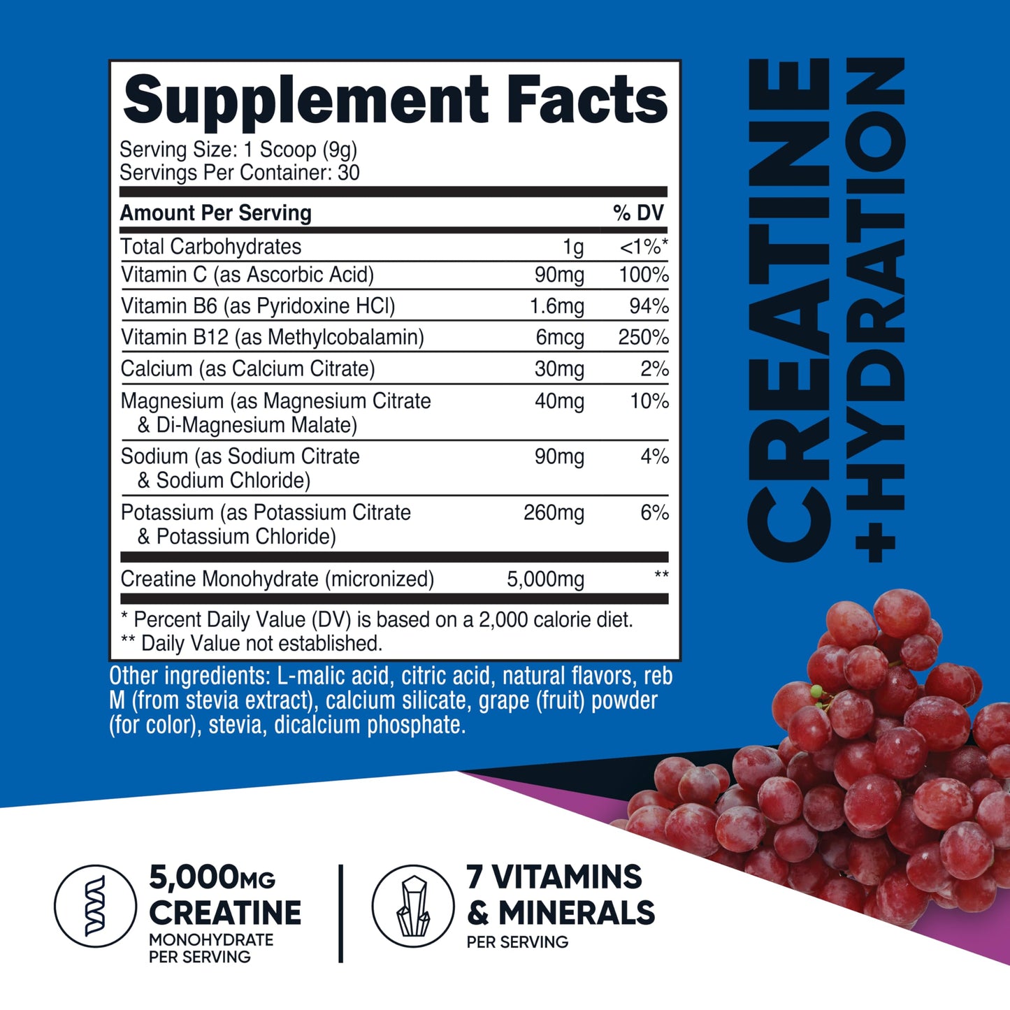 Nutricost Creatine Monohydrate + Hydration Grape (30 Servings) - 5,000mg/Serving + 7 Vitamins & Minerals