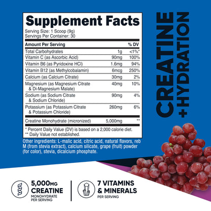 Nutricost Creatine Monohydrate + Hydration Grape (30 Servings) - 5,000mg/Serving + 7 Vitamins & Minerals