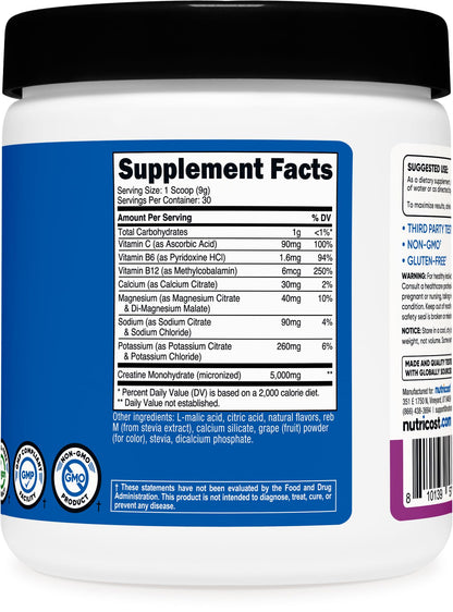 Nutricost Creatine Monohydrate + Hydration Grape (30 Servings) - 5,000mg/Serving + 7 Vitamins & Minerals
