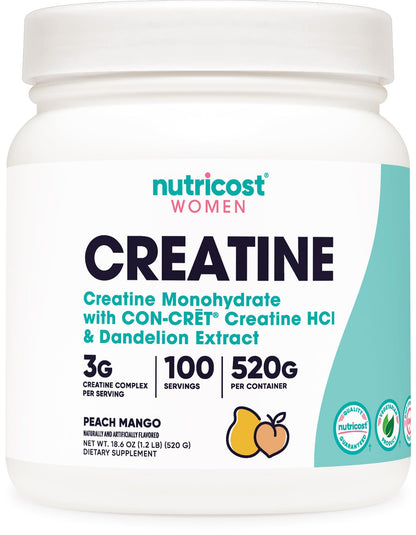 Nutricost Creatine Monohydrate Powder for Women – Peach Mango, 100 Servings, Vegetarian, Non-GMO, Gluten Free