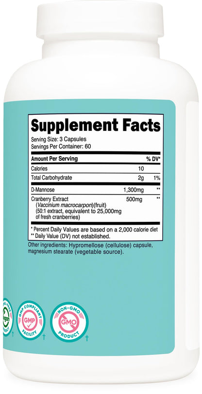 Nutricost D-Mannose with Cranberry Extract for Women – 1300mg | 180 Capsules