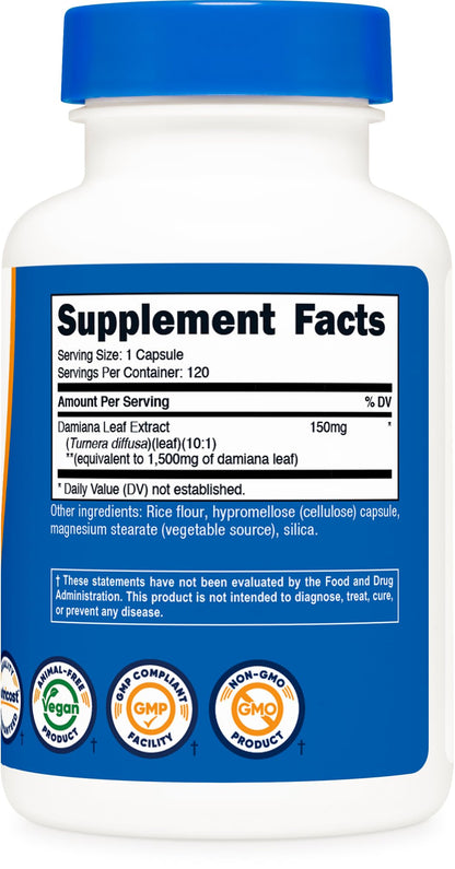 Nutricost Damiana Leaf Capsules (1500 mg Equivalent) – 120 Capsules | Vegan, GMO-Free