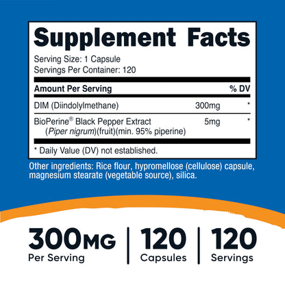 Nutricost DIM + BioPerine 300mg – 120 Vegetarian Capsules | Max Strength