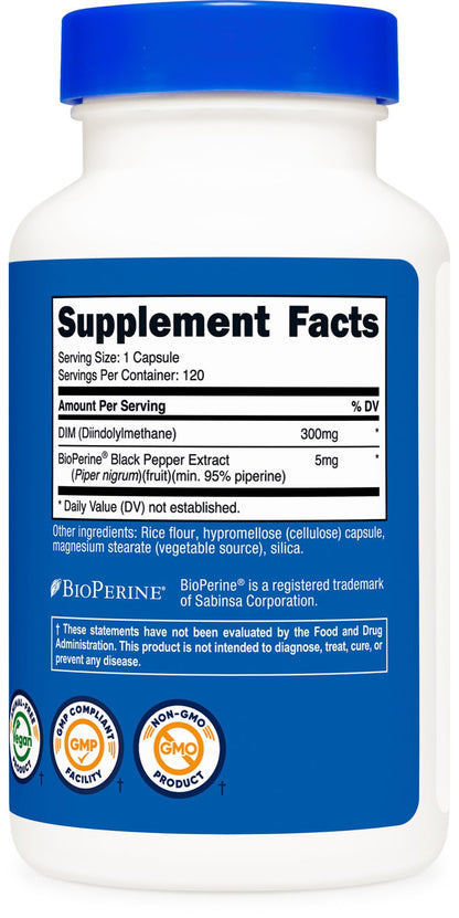 Nutricost DIM + BioPerine 300mg – 120 Vegetarian Capsules | Max Strength