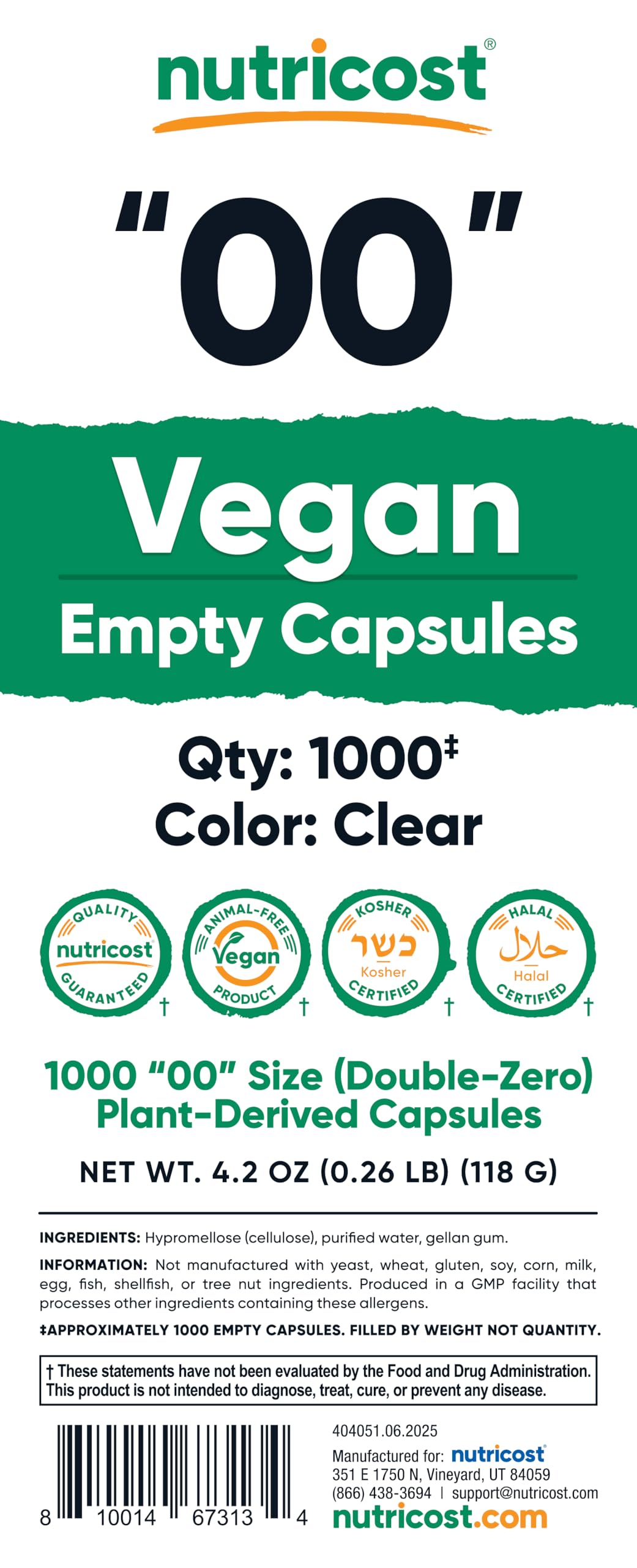 Nutricost Empty Capsules Size 00 – 1000 Clear Plant-Based Capsules (Kosher, Halal, Non-GMO, Soy Free, Gluten Free, Vegetarian)
