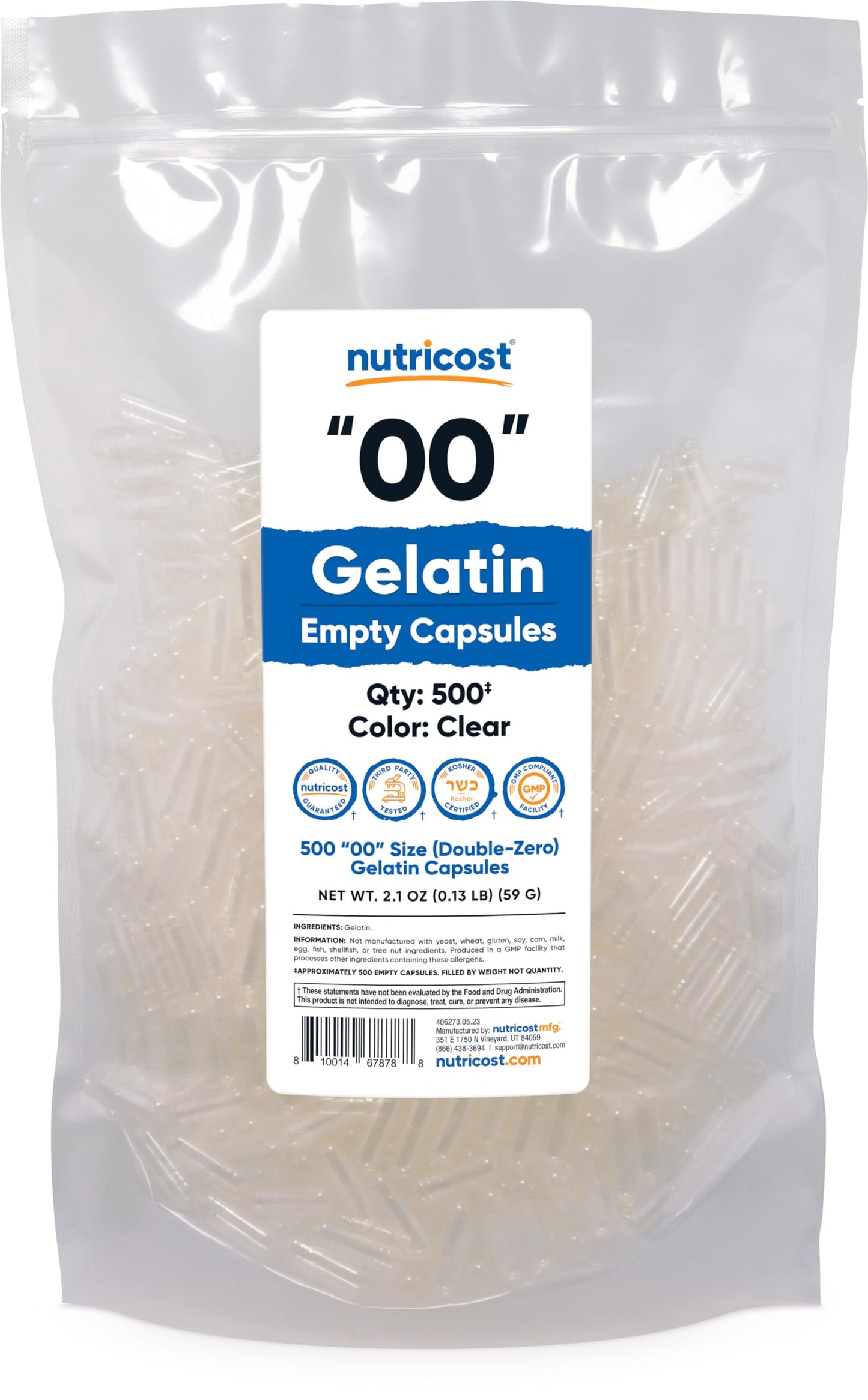 Nutricost Empty Capsules Size 00 - 500 Count | Kosher, Non-GMO, Soy Free, Gluten Free