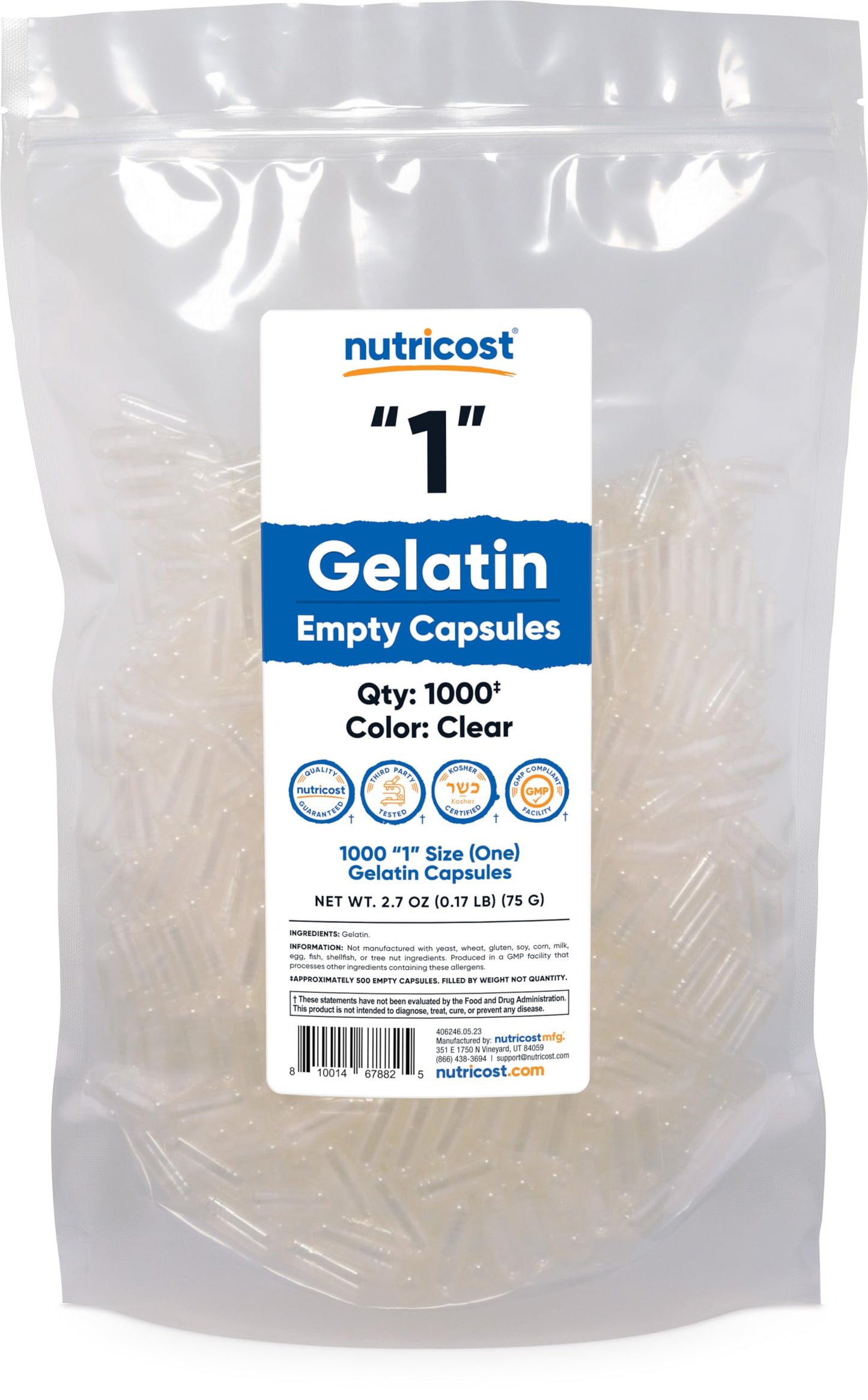 Nutricost Gelatin Size 1 Empty Capsules - 1000 Count | Kosher, Non-GMO, Soy Free, Gluten Free