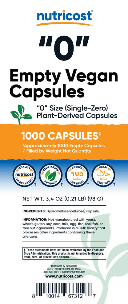 Nutricost Size 0 Empty Capsules - 1,000 Clear Plant-Based Capsules (Kosher, Halal, Non-GMO)