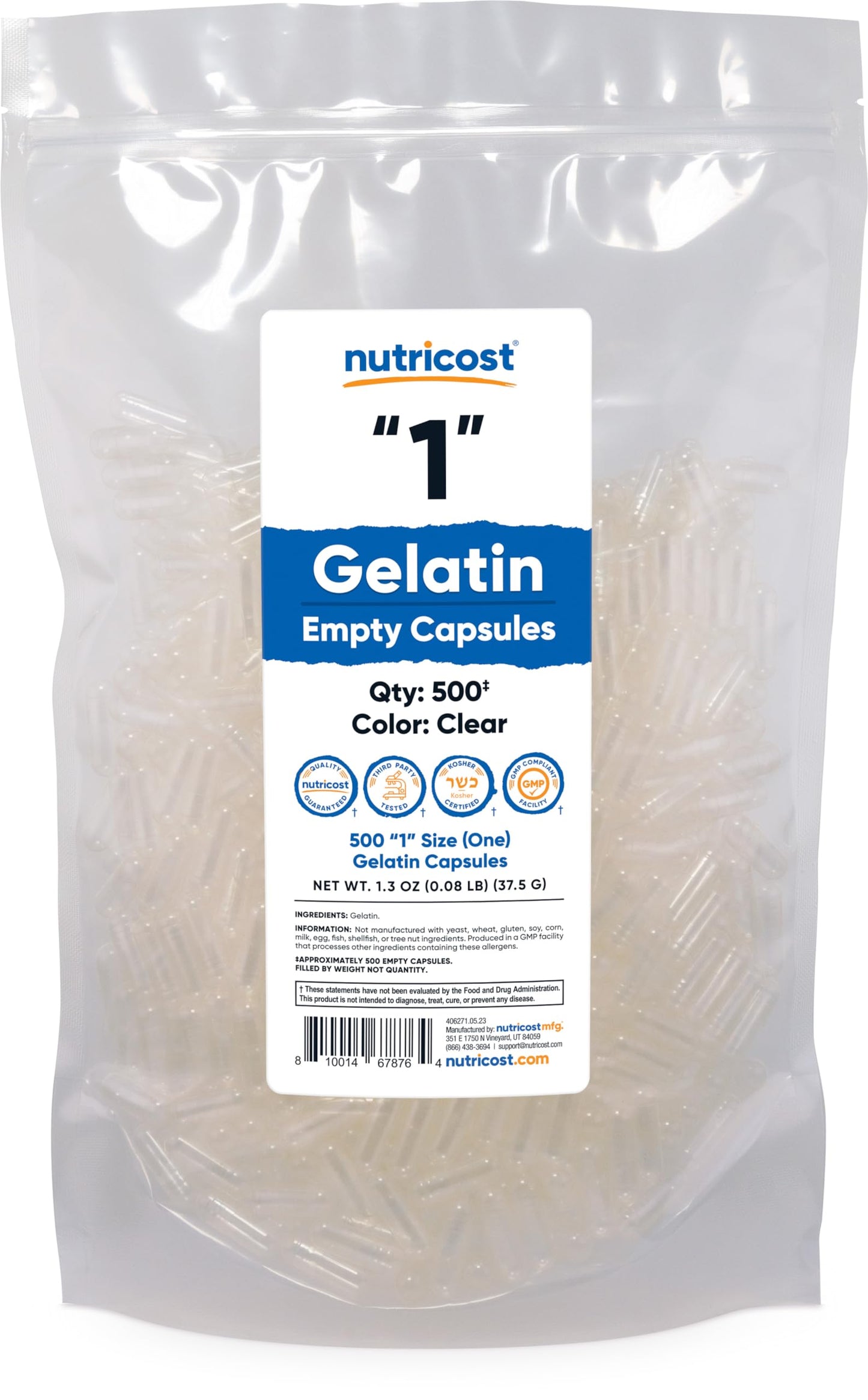 Nutricost Gelatin Size 1 Empty Capsules – 500 Count, Clear – Kosher, Non-GMO, Soy Free, Gluten Free