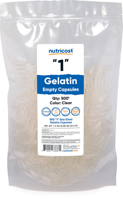Nutricost Gelatin Size 1 Empty Capsules – 500 Count, Clear – Kosher, Non-GMO, Soy Free, Gluten Free