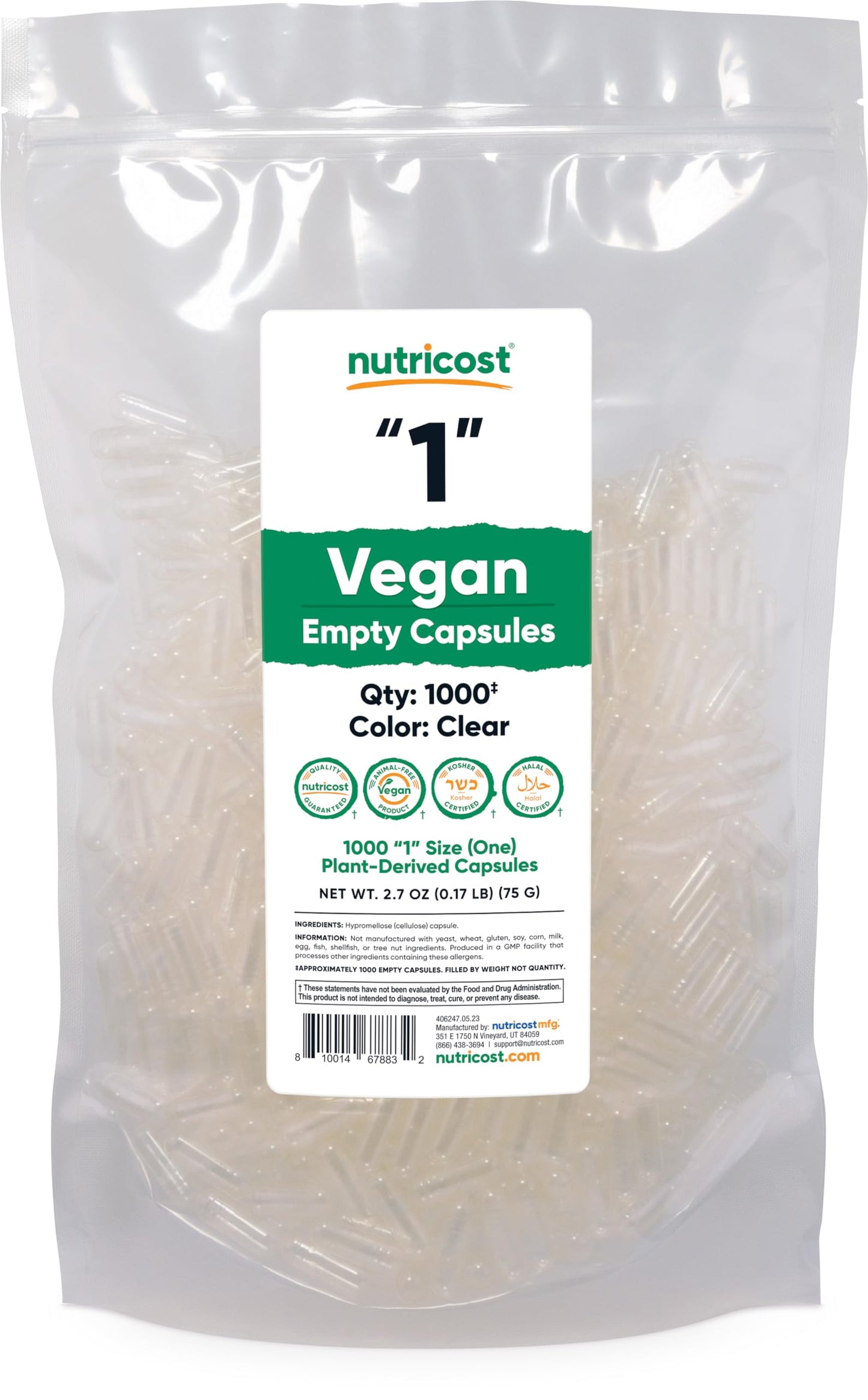Nutricost Empty Capsules Size 1 – 1,000 Plant-Based Capsules | Kosher & Halal Certified, Non-GMO, Soy & Gluten Free