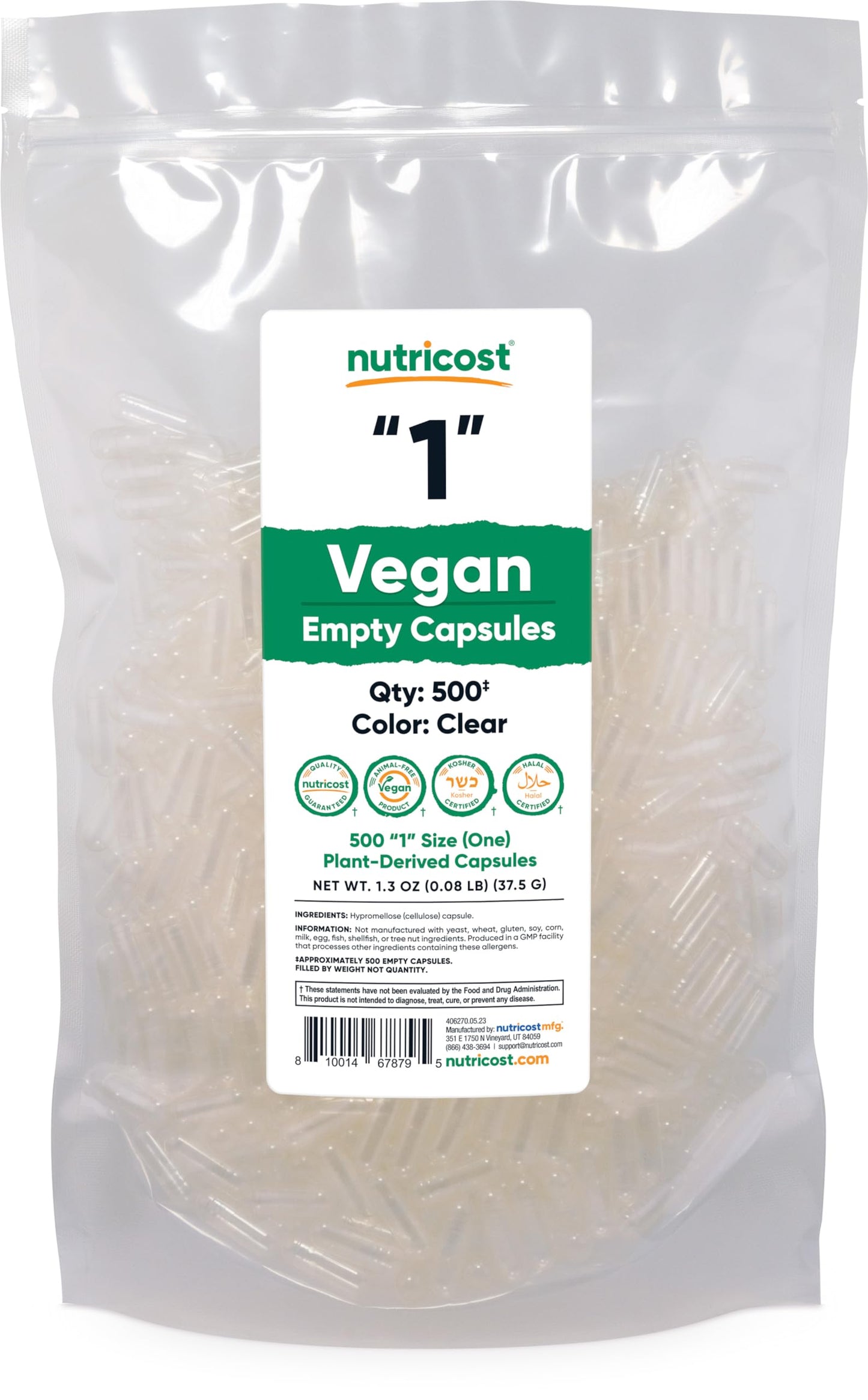 Nutricost Empty Capsules Size 1 Vegan – 500 Clear Plant-Based Capsules, Kosher & Halal Certified