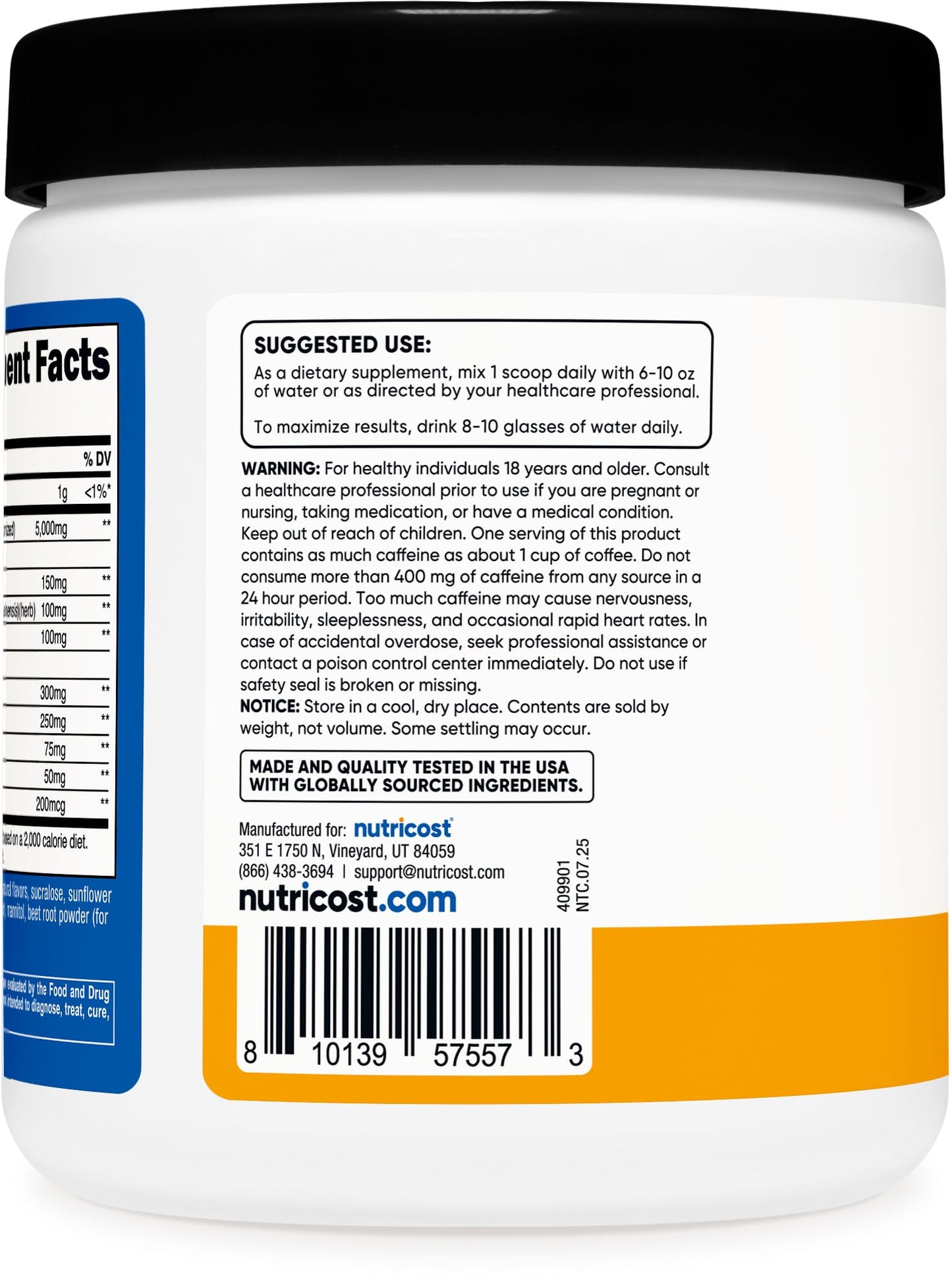 Nutricost Creatine + Energy Peach Mango – 30 Servings (5,000mg Creatine Monohydrate + 350mg Energy)