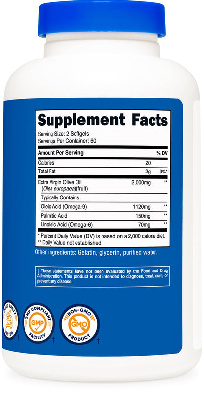 Nutricost Extra Virgin Olive Oil 2,000mg Softgels – 60 Servings, Gluten-Free & GMO-Free