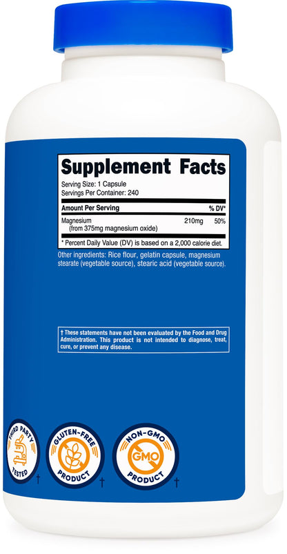 Nutricost Magnesium Oxide 375mg, 240 Capsules – 210mg Magnesium, Non-GMO, Gluten Free