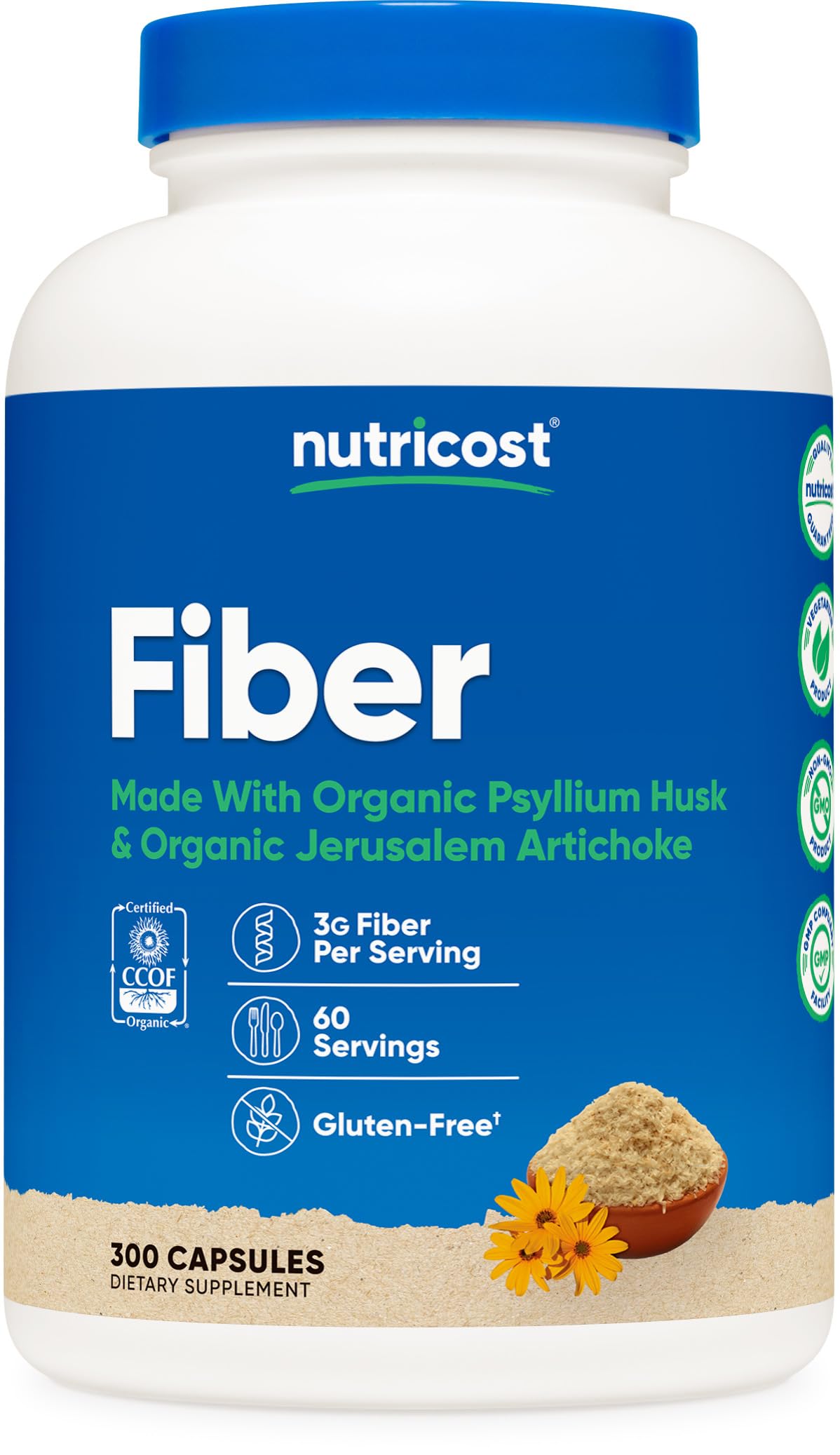 Nutricost Fiber Capsules – Prebiotic Fiber with Organic Psyllium Husk & Organic Jerusalem Artichoke, 300 Caps, 60 Servings, Gluten Free