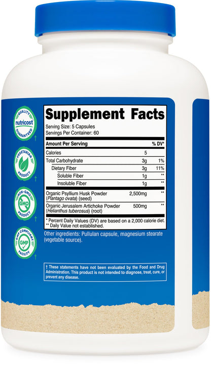 Nutricost Fiber Capsules – Prebiotic Fiber with Organic Psyllium Husk & Organic Jerusalem Artichoke, 300 Caps, 60 Servings, Gluten Free