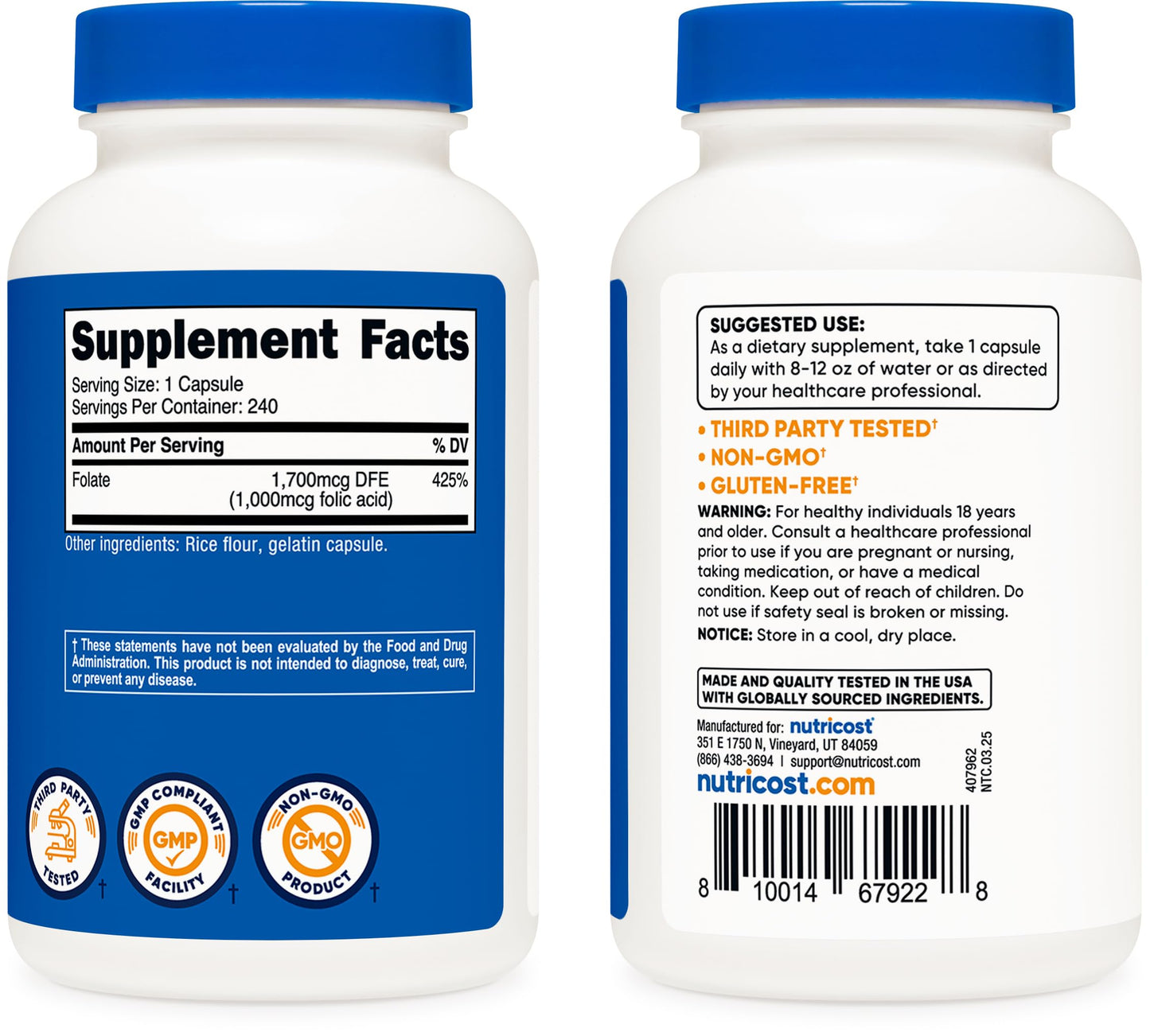 Nutricost Folic Acid 1000 mcg – 240 Capsules | Vitamin B9