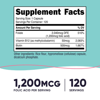 Nutricost Folic Acid for Women 1200 mcg – 120 Veggie Caps, B12 & Biotin | Non-GMO, Gluten Free