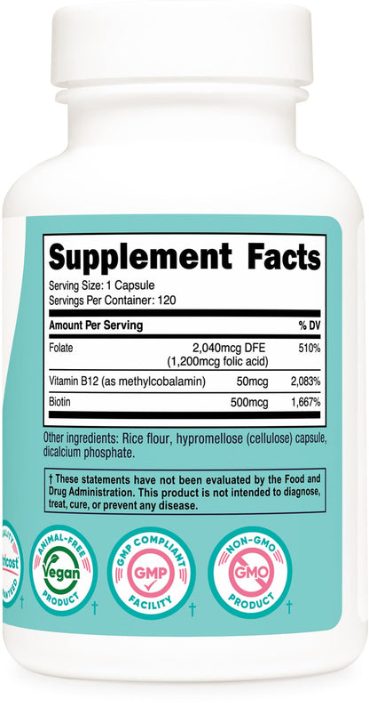Nutricost Folic Acid for Women 1200 mcg – 120 Veggie Caps, B12 & Biotin | Non-GMO, Gluten Free