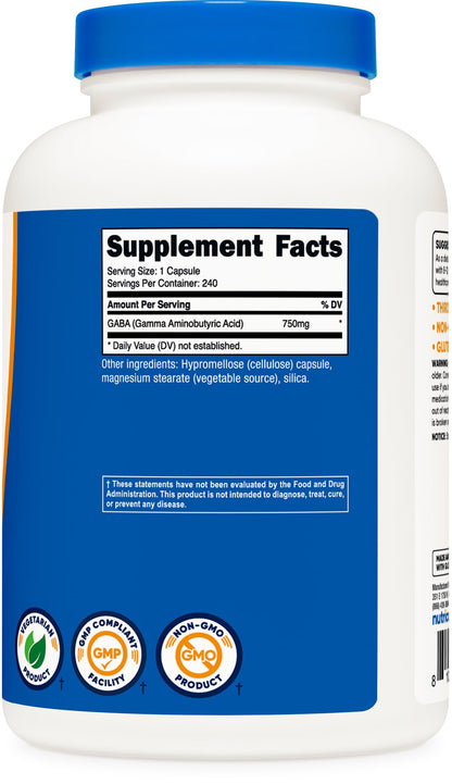 Nutricost GABA 750mg - 240 Capsules (240 Servings) - Non-GMO, Gluten Free