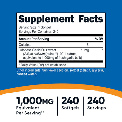 Nutricost Garlic 1000mg Softgels – Odorless, Gluten Free | 240 Softgels
