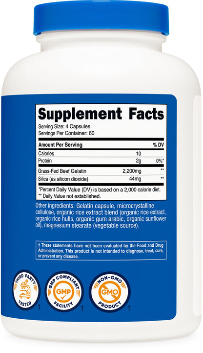Nutricost Gelatin with Silica (2,200mg) – Grass-Fed Beef Gelatin, Gluten-Free, 60 Servings