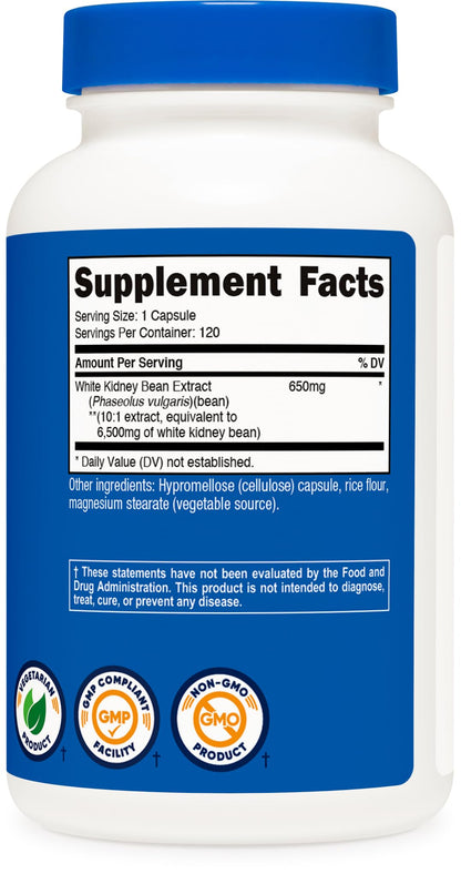 Nutricost White Kidney Bean Capsules 6,500mg Equivalent per Serving — 120 Vegetarian Capsules | Gluten Free & Non-GMO