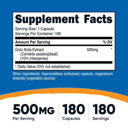 Nutricost Gotu Kola 500 MG - 180 Vegetarian Capsules | Gluten Free, Non-GMO
