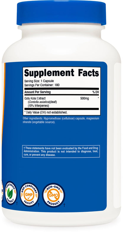 Nutricost Gotu Kola 500 MG - 180 Vegetarian Capsules | Gluten Free, Non-GMO