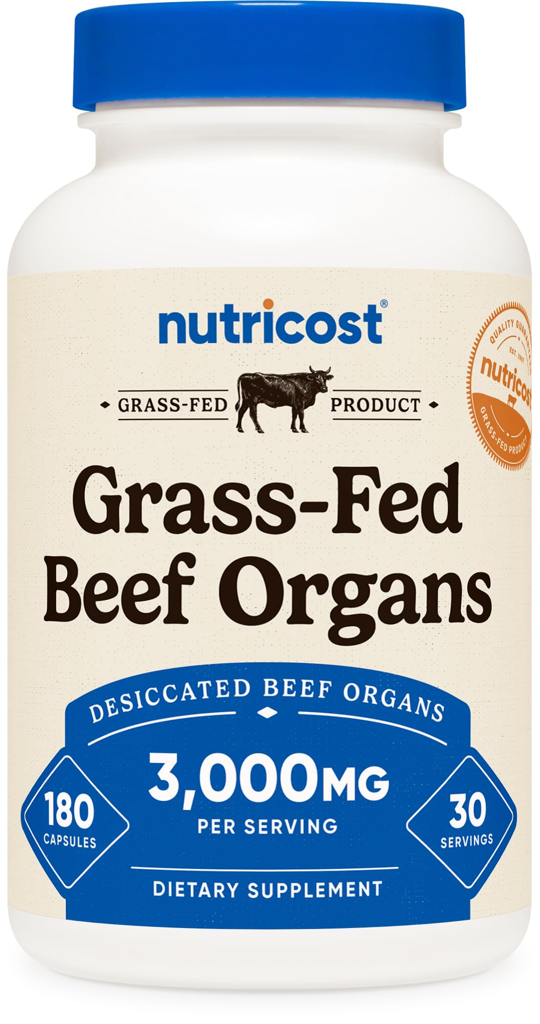 Nutricost Grass Fed Beef Organs Supplement (3,000mg) – 180 Capsules | Desiccated Bovine Organ Complex