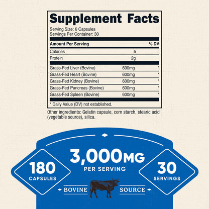 Nutricost Grass Fed Beef Organs Supplement (3,000mg) – 180 Capsules | Desiccated Bovine Organ Complex