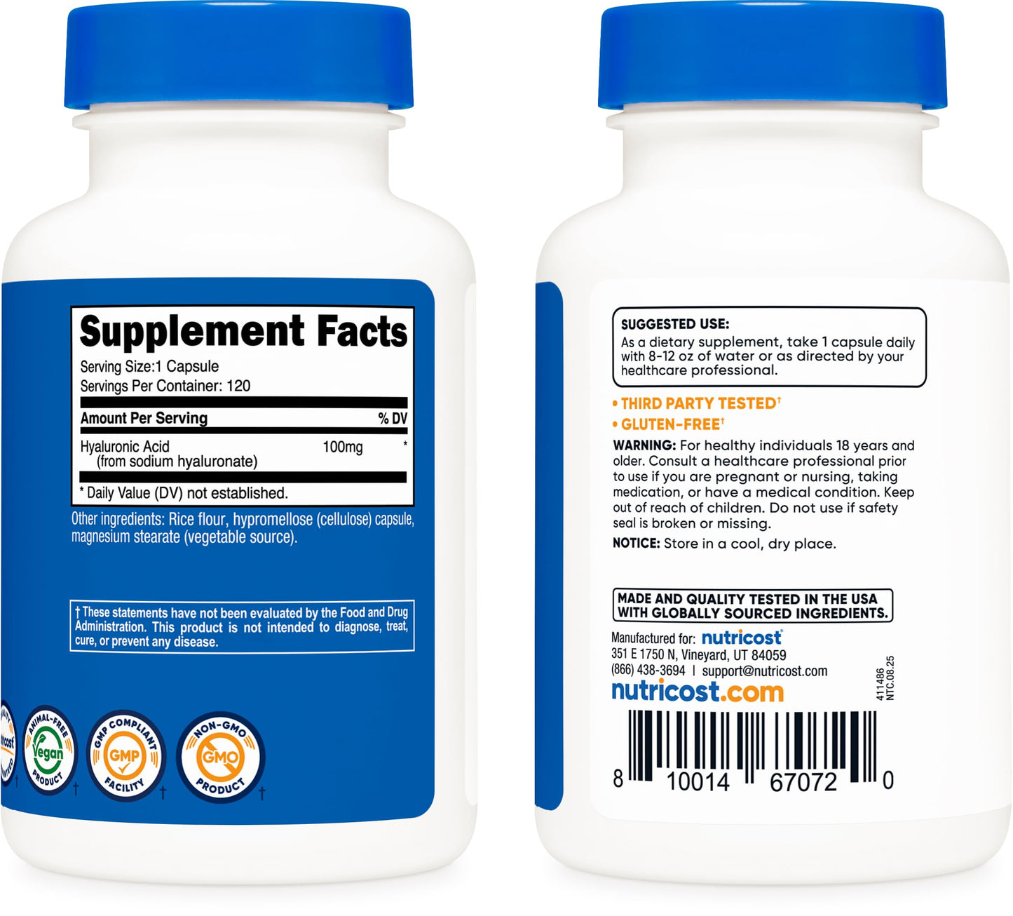 Nutricost Hyaluronic Acid 100mg Capsules – 120 Vegetarian Capsules per Bottle, Gluten Free & Non-GMO (2-pack)