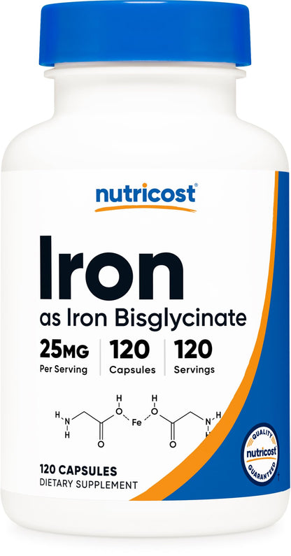 Nutricost Iron Bisglycinate 25mg - 120 Capsules | Non-GMO & Gluten-Free