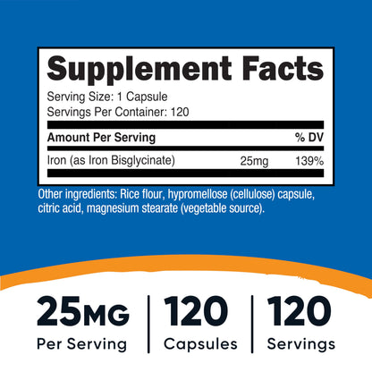 Nutricost Iron Bisglycinate 25mg - 120 Capsules | Non-GMO & Gluten-Free