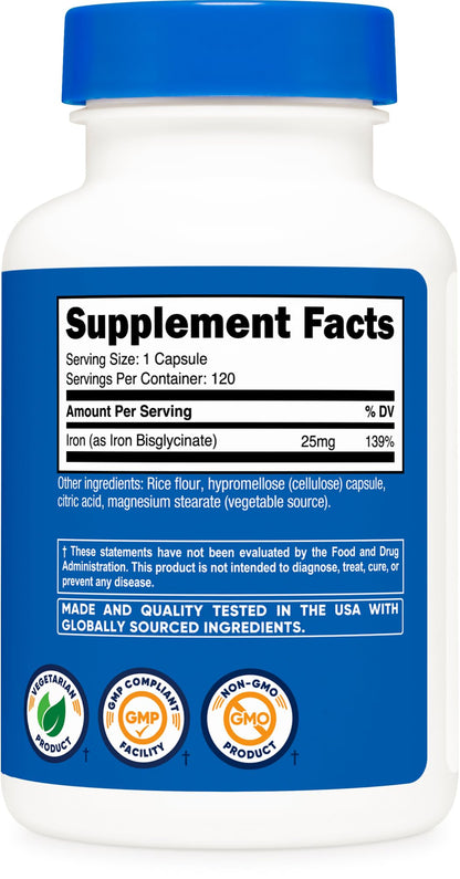 Nutricost Iron Bisglycinate 25mg - 120 Capsules | Non-GMO & Gluten-Free